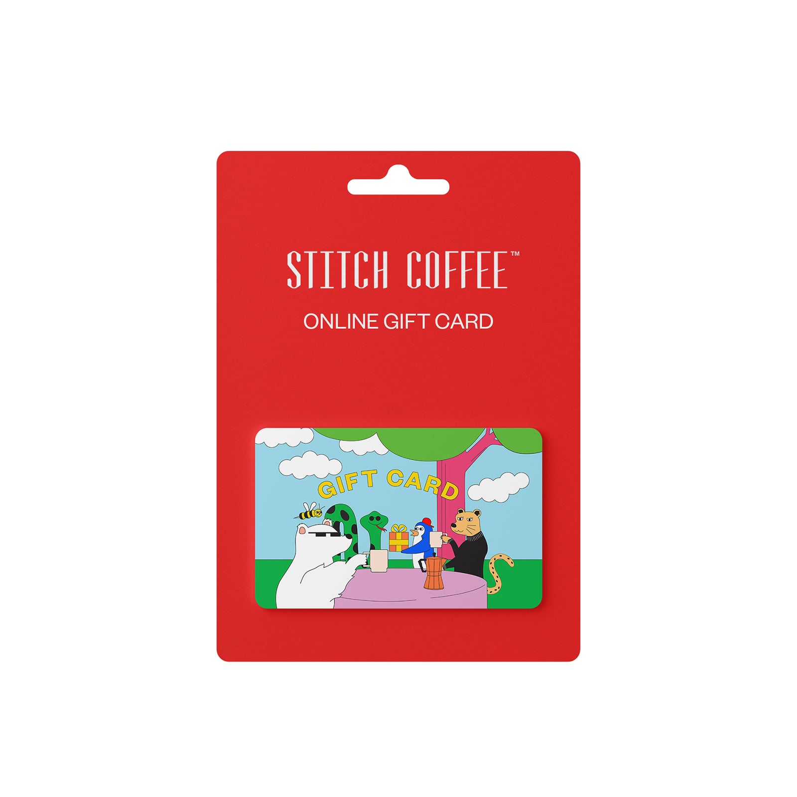 A STITCH COFFEE online gift card displayed in a red plastic sleeve with a hanging tab, featuring an illustration of the STITCH COFFEE characters sitting at table.