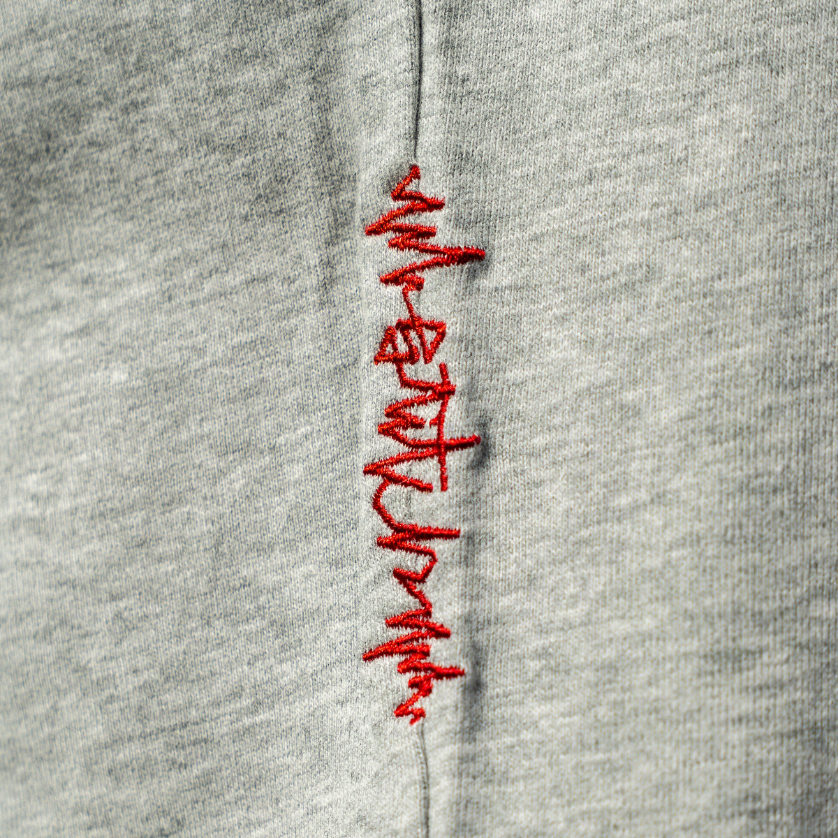Gray sweatshirt with red embroidered text on a gray background