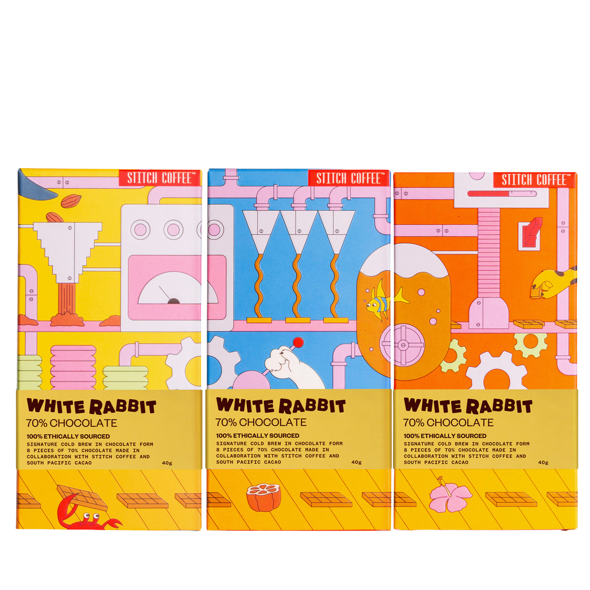 Three-pack White Rabbit chocolate boxes in yellow, blue, and orange. When placed together, they reveal a behind-the-scenes look into the chocolate-making process!