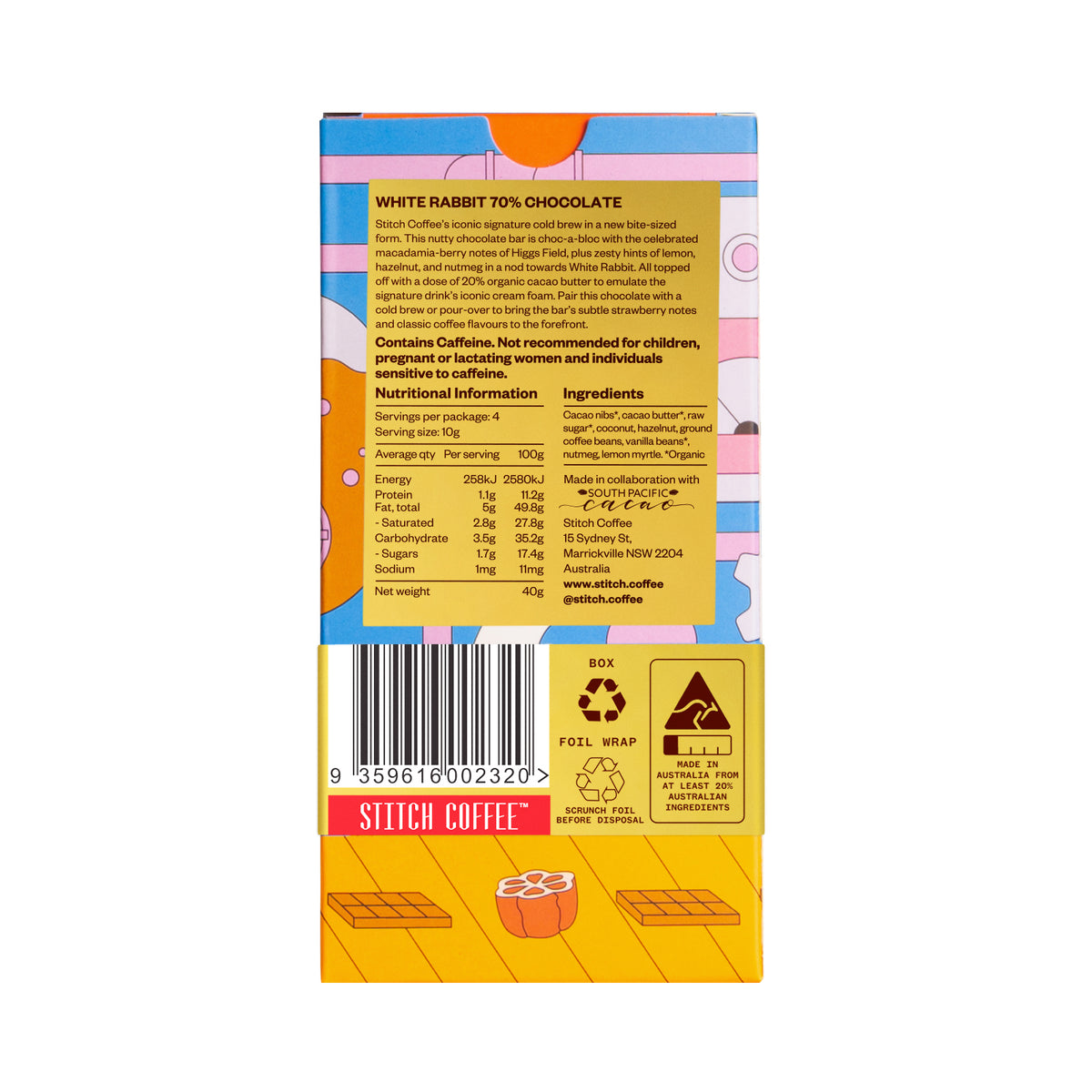 Stitch Coffee White Rabbit 70% Chocolate packaging back with colourful design and nutrition label.