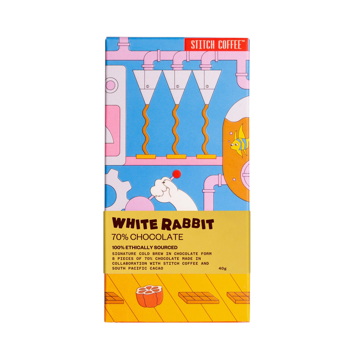 White Rabbit 70% Chocolate packaging with colourful design on a blue background
