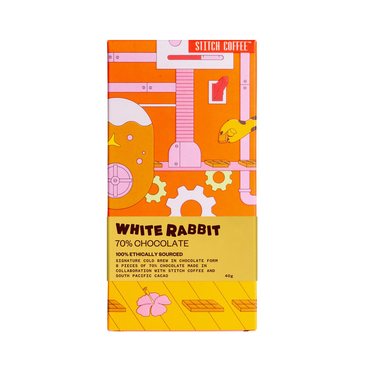 White Rabbit 70% Chocolate packaging with colourful design on an orange background