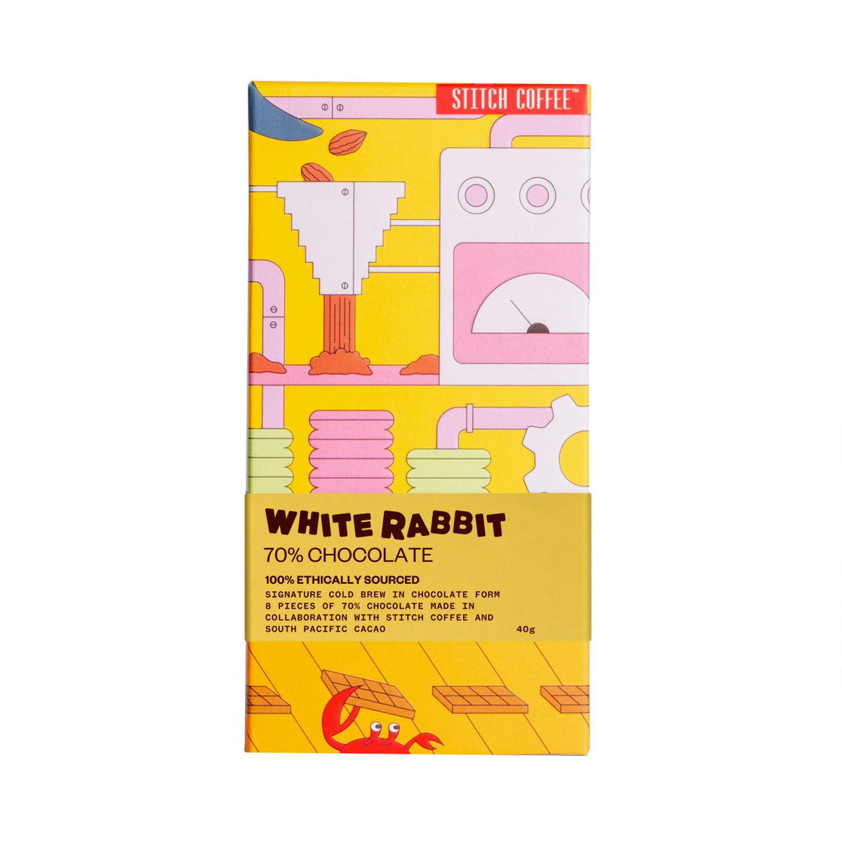 White Rabbit 70% chocolate packaging with colourful design on a yellow background