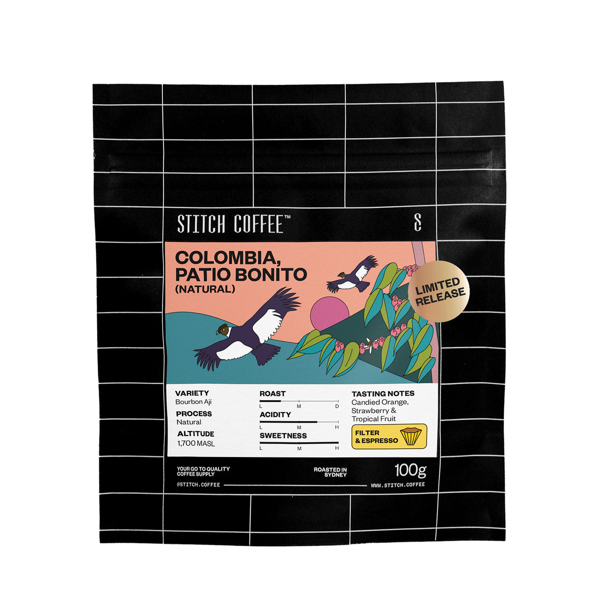 Colombia, Patio Bonito (Natural) 100g coffee bag front