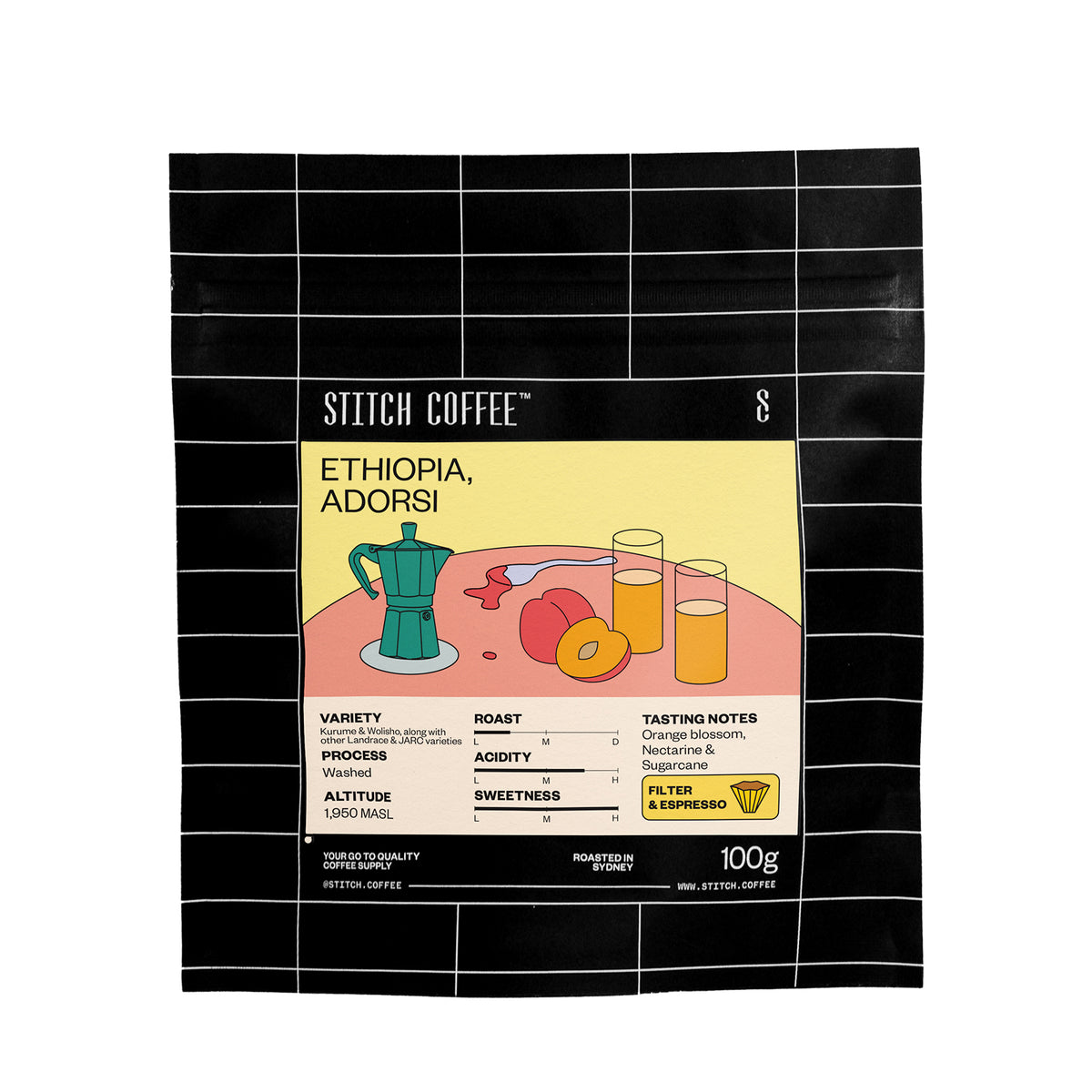 Ethiopia, Adorsi 100g coffee bag, front