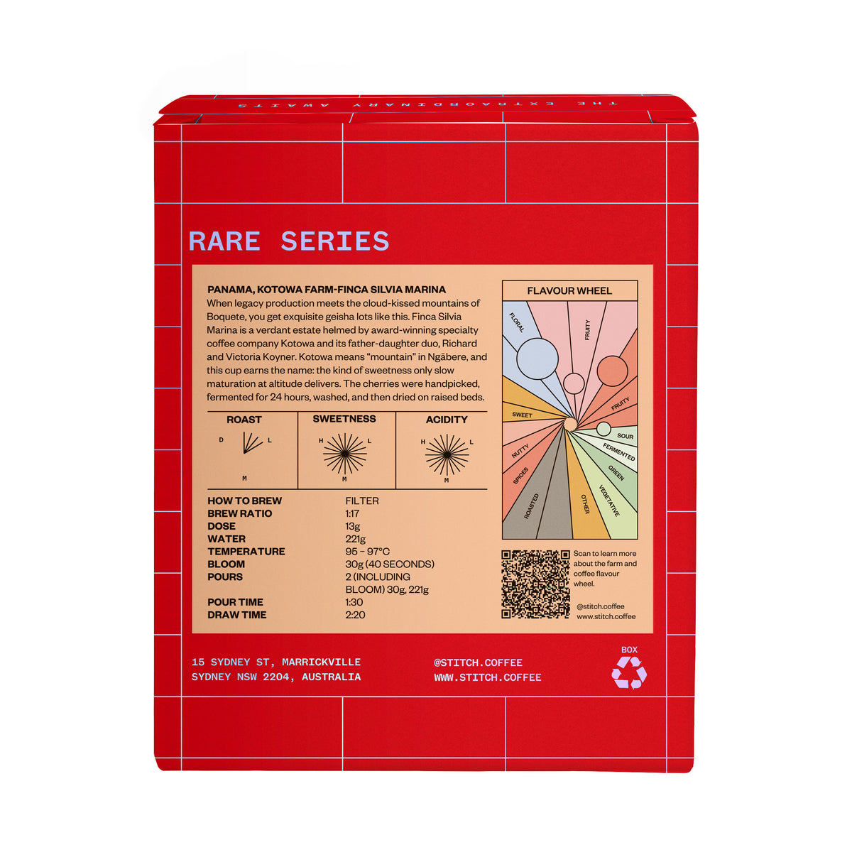 Stitch Coffee RARE Series Panama Kotowa Farm Finca Silvia Marina 45g box, back