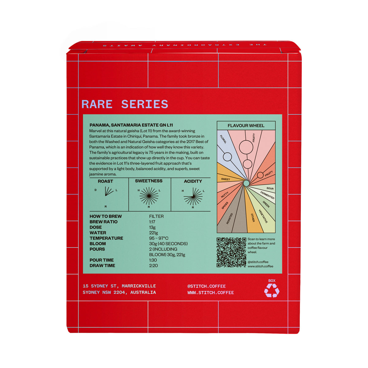 Stitch Coffee RARE Series Panama Santamaria Estate 45g box, back