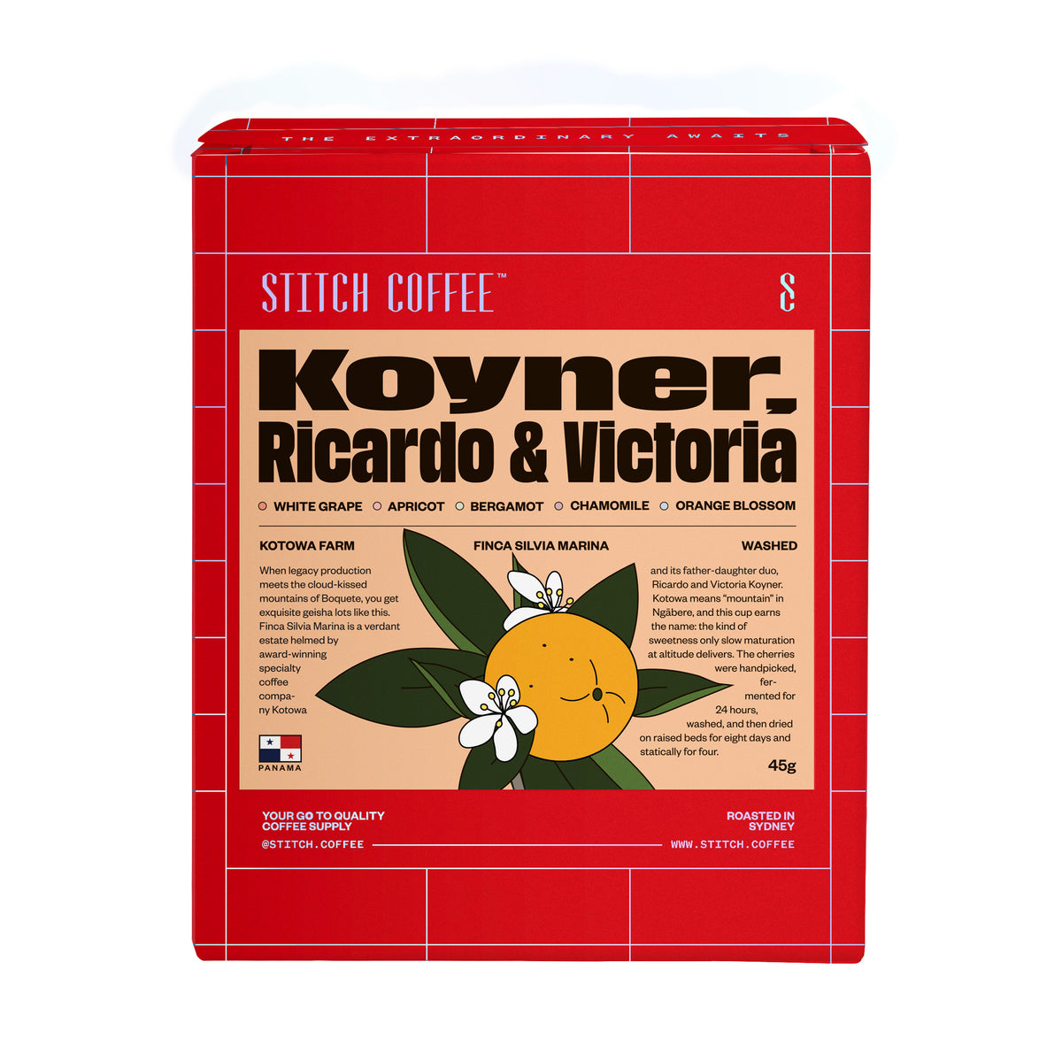 Stitch Coffee RARE Series Panama Kotowa Farm Finca Silvia Marina 45g box, front