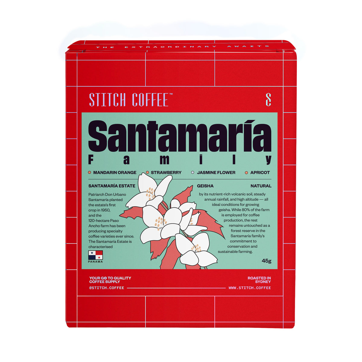 Stitch Coffee RARE Series Panama Santamaria Estate 45g box, front