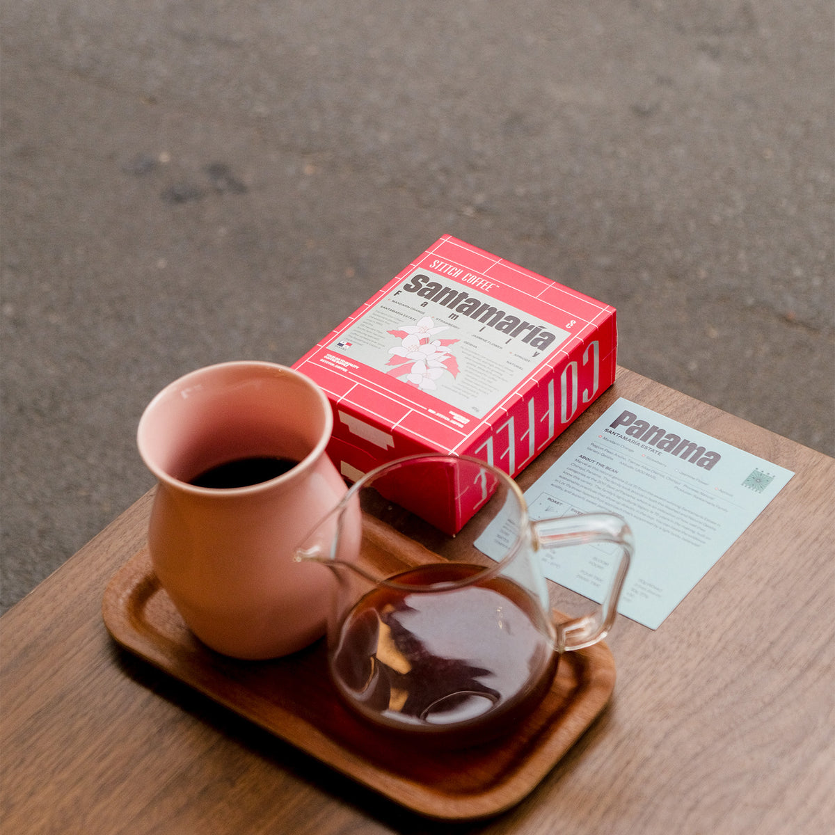 Stitch Coffee RARE Series Panama Santamaria Estate box with brewed filter coffee